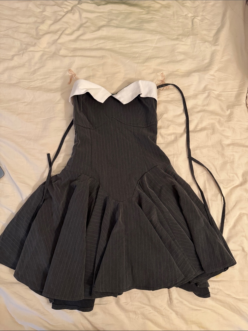 Fashion Nova Black Pinstripe Romper with White Collar